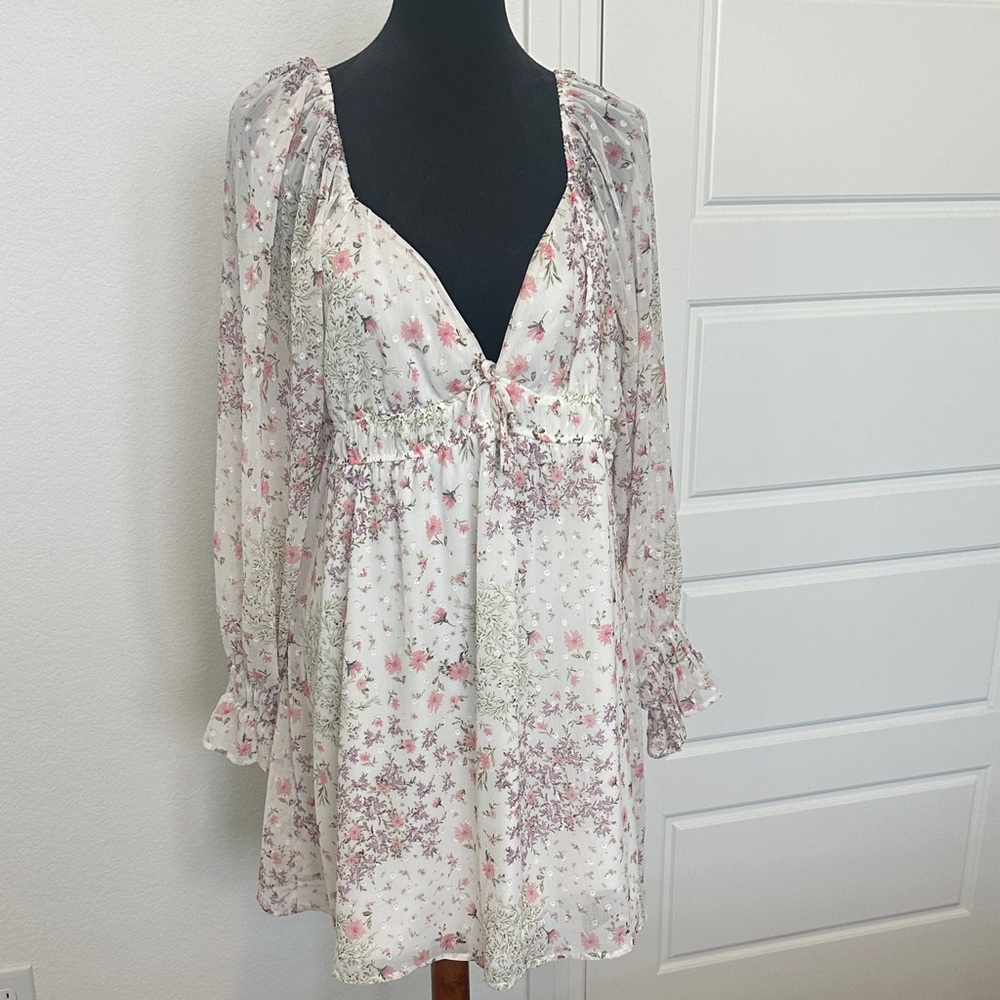 Francesca's Collections Cream Floral Puff-Sleeve Mini Dress